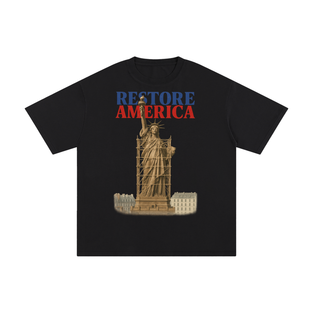black t-shirt with a graphic of the Statue of Liberty and 'Restore America' text on a blank background