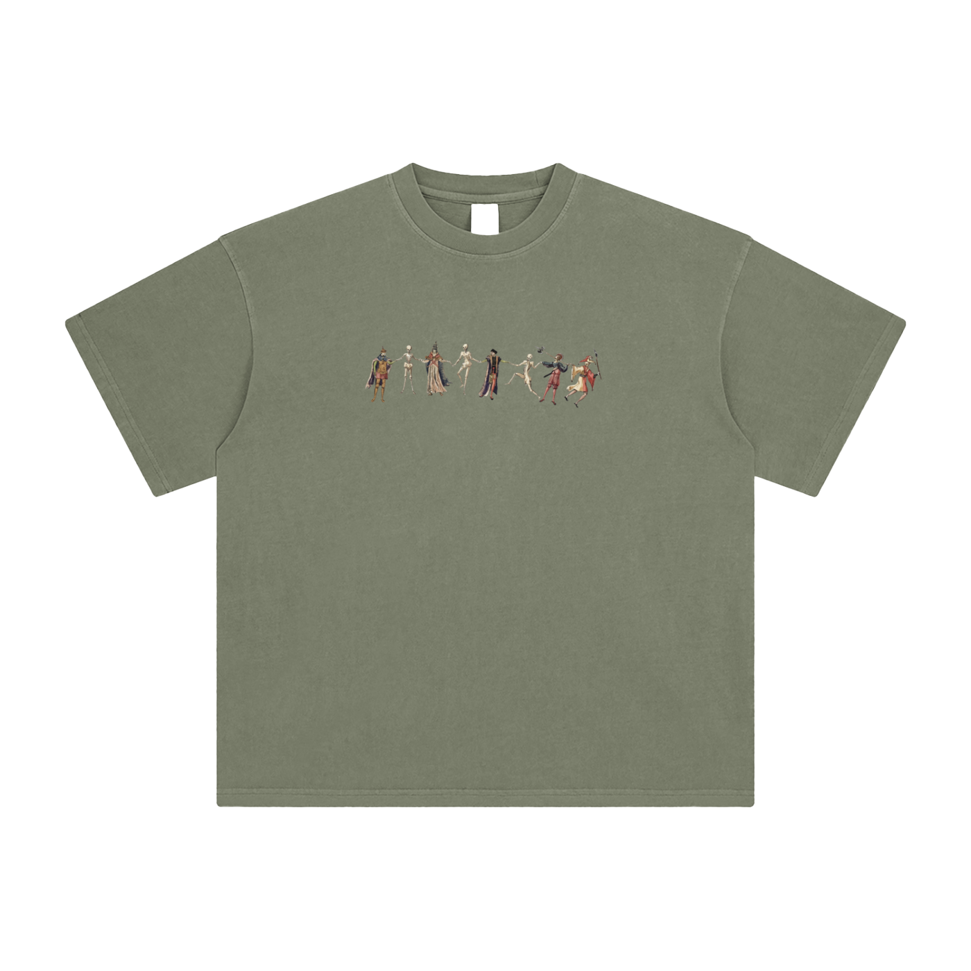 Grey Green t-shirt with a graphic design of skeletons in various poses on a blank background