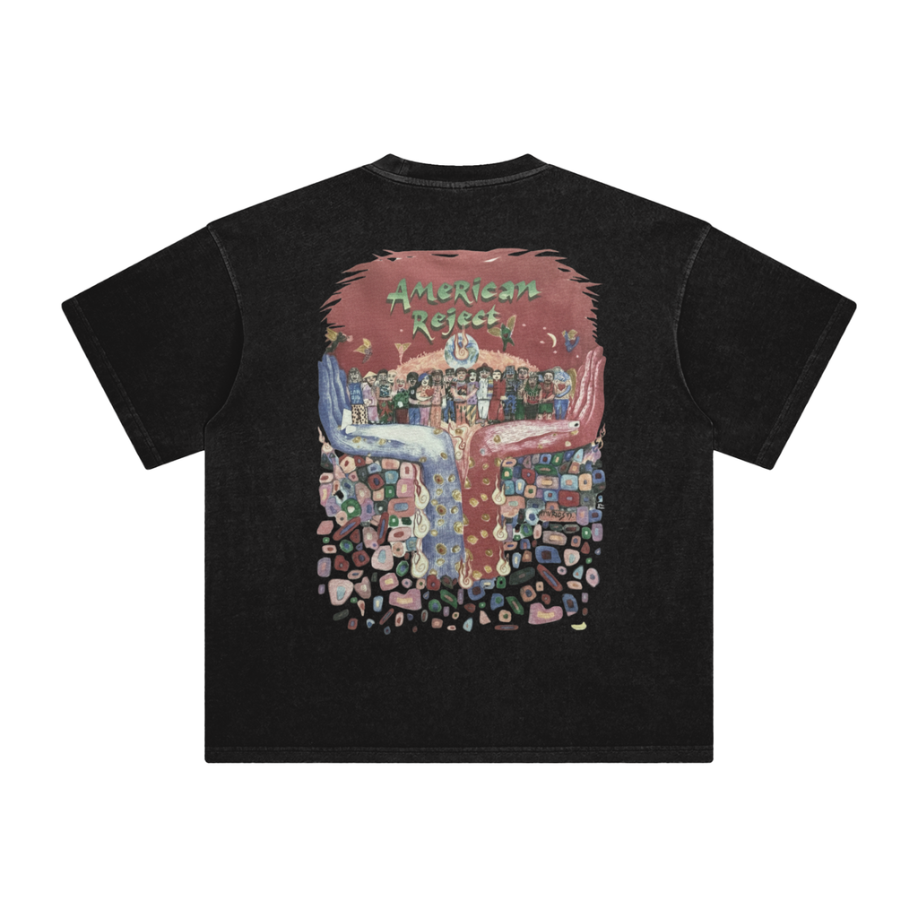 Retro Black t-shirt with colorful graphic design on a blank background