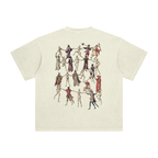 Apricot t-shirt with a graphic design of skeletons in various poses on a blank background
