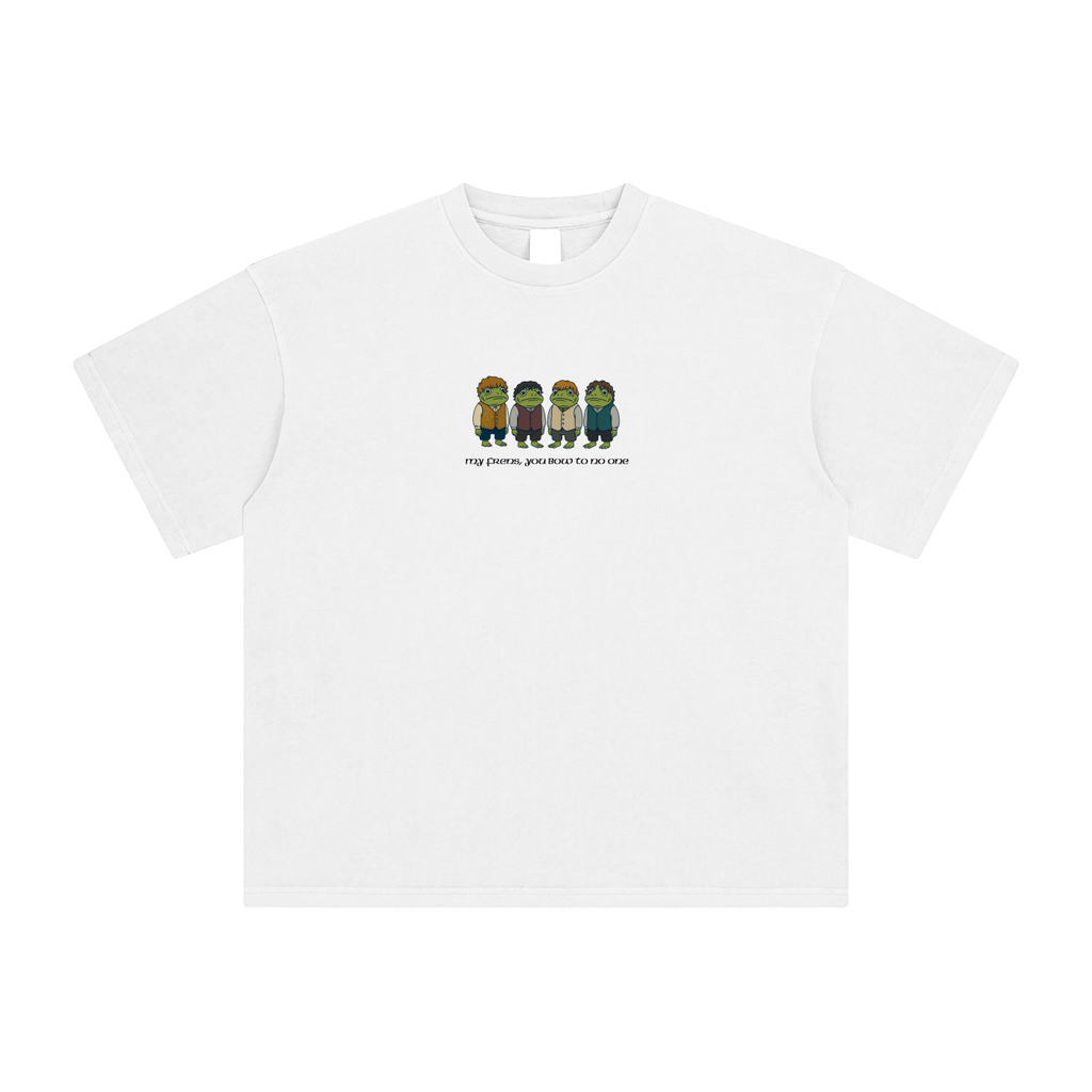 White t-shirt with cartoon character print on a white background