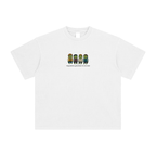 White t-shirt with cartoon character print on a white background