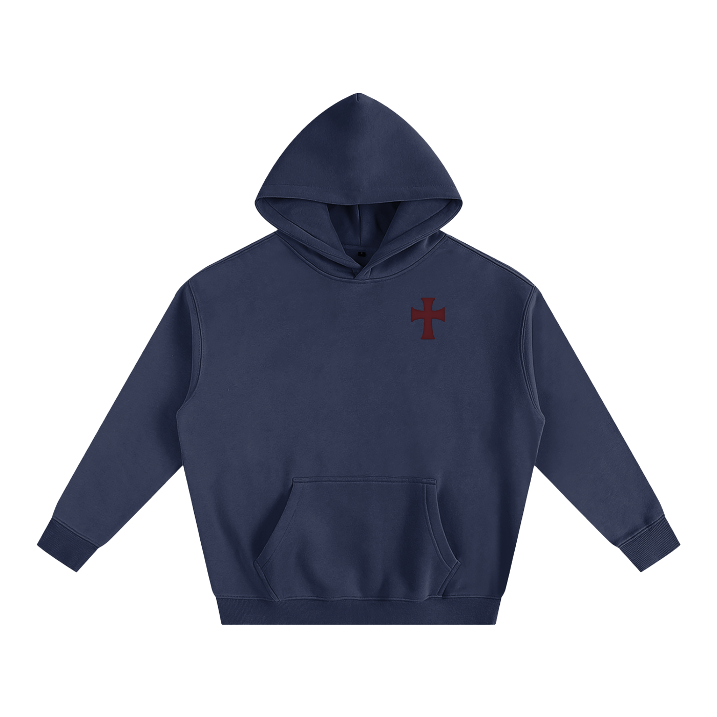 Navy blue hoodie with a red cross emblem on a background
