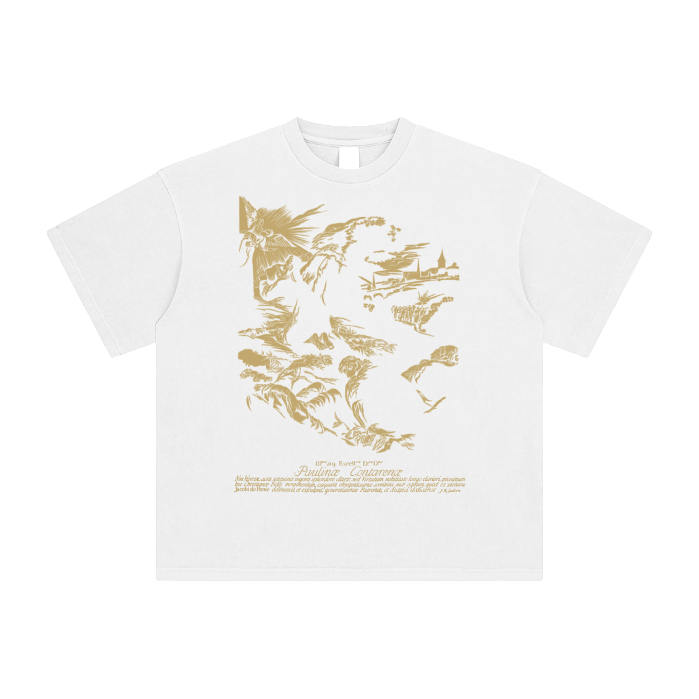 white unisex cotton t-shirt featuring old village angel and men graphic design - oversized loose fit tee