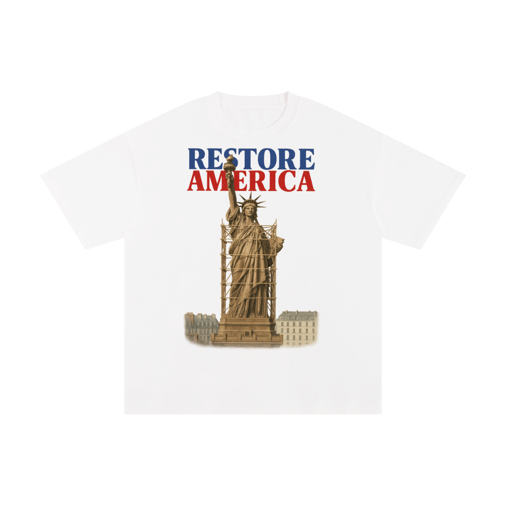 White t-shirt with a graphic of the Statue of Liberty and 'Restore America' text on a blank background