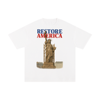 White t-shirt with a graphic of the Statue of Liberty and 'Restore America' text on a blank background