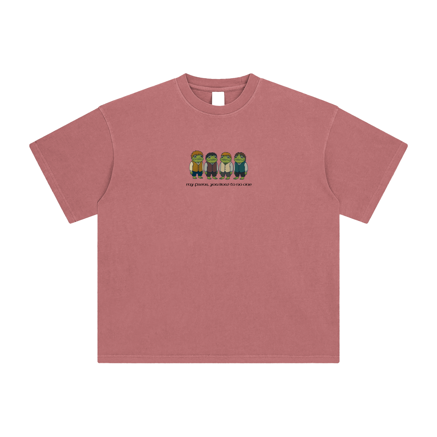 brick red t-shirt with printed design of four characters and text on a blank background