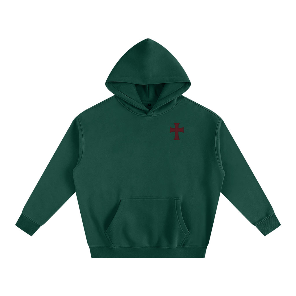 Eden Green hoodie with a red cross on a background