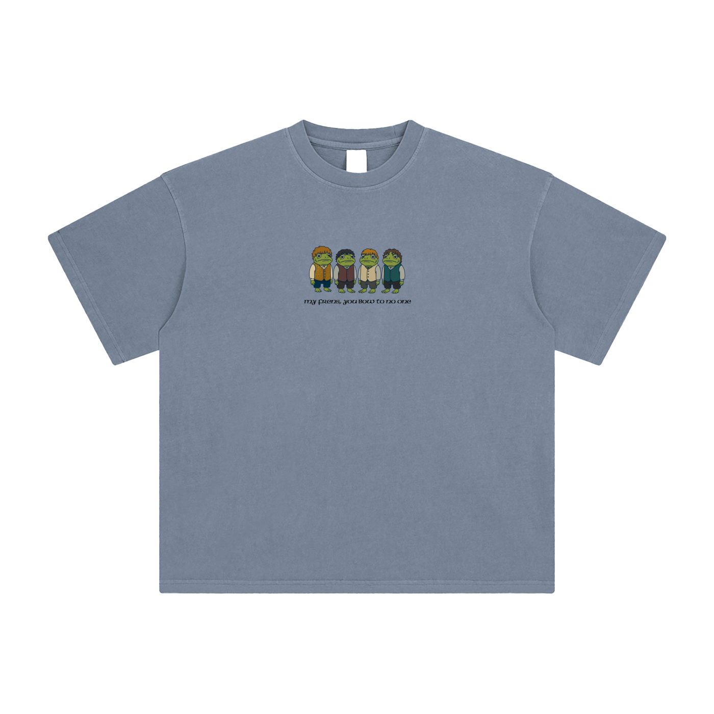grey blue t-shirt with printed design of four characters and text on a blank background