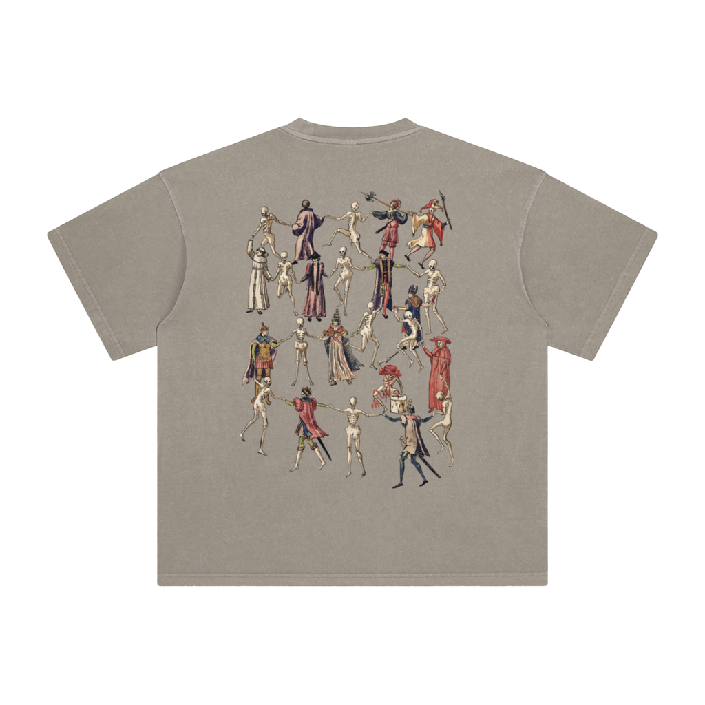 Kahki t-shirt with a graphic design of skeletons in various poses on a blank background