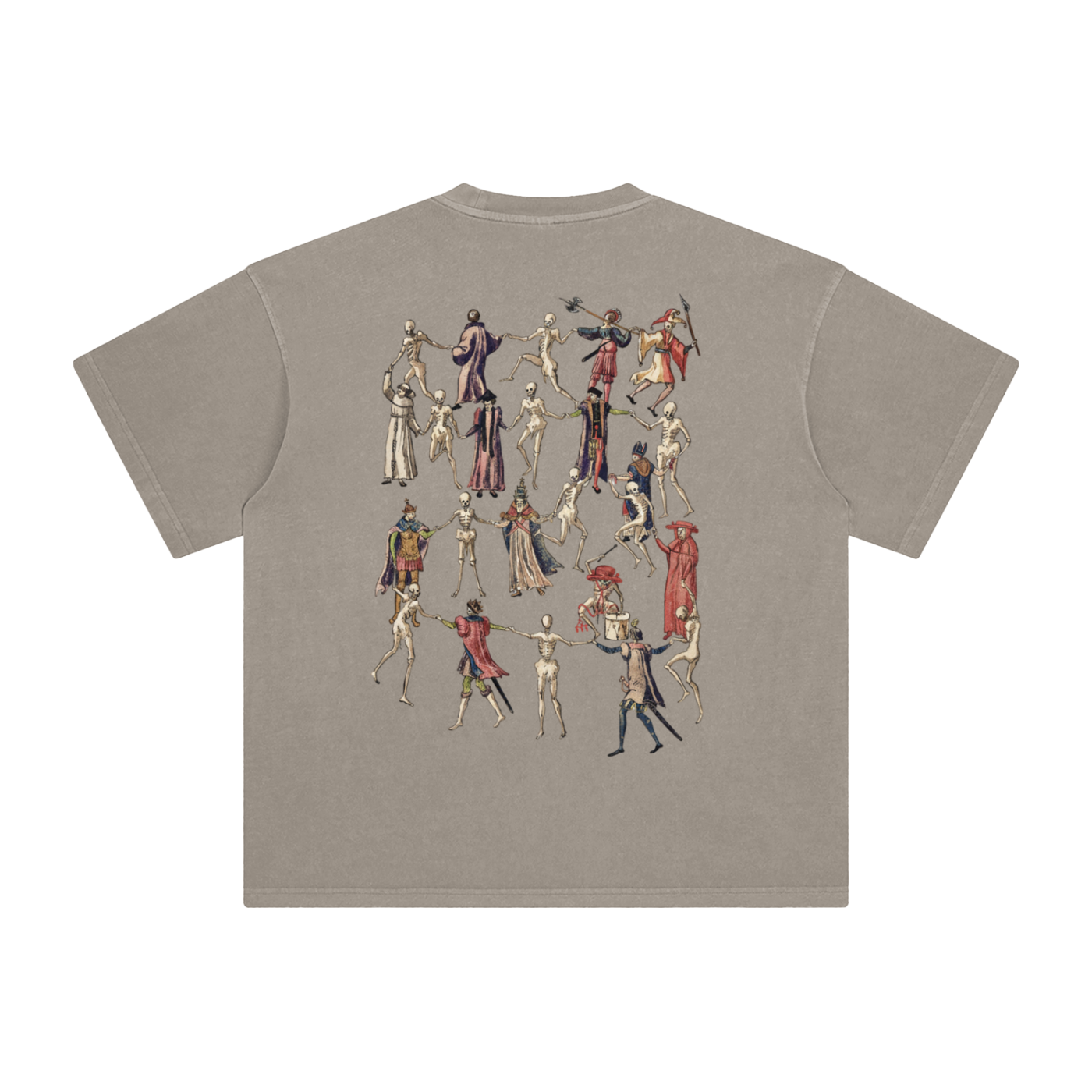 Kahki t-shirt with a graphic design of skeletons in various poses on a blank background
