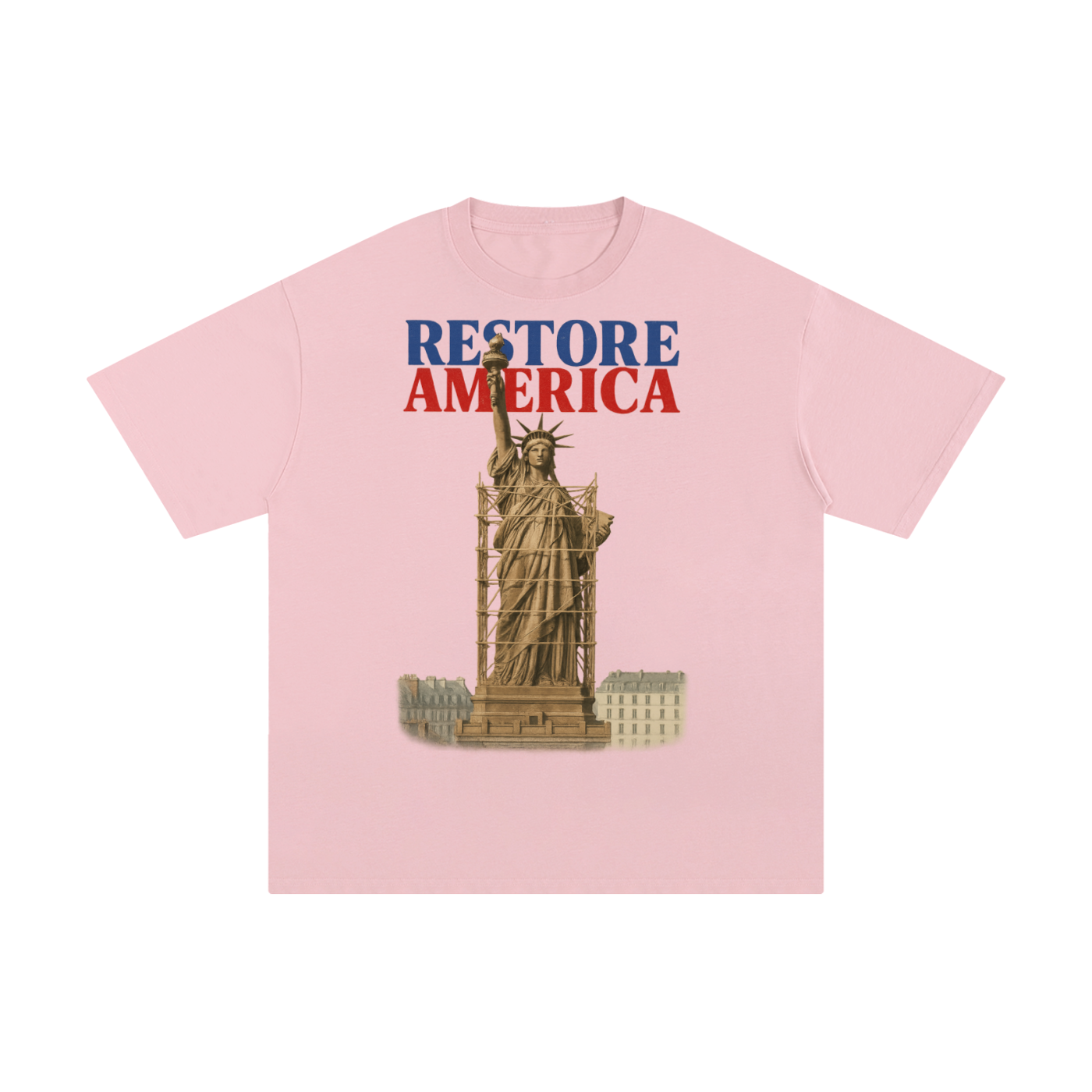 light pink t-shirt with a graphic of the Statue of Liberty and 'Restore America' text on a blank background