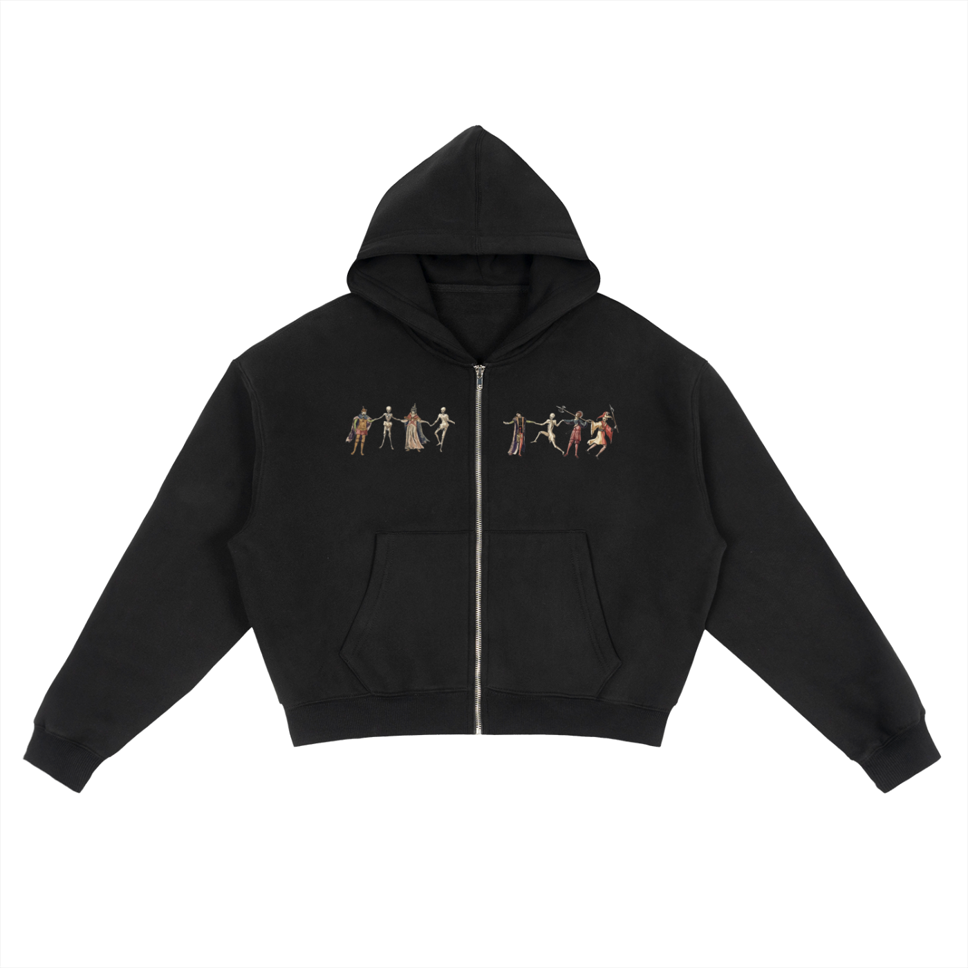 Black hoodie with graphic design on a white background