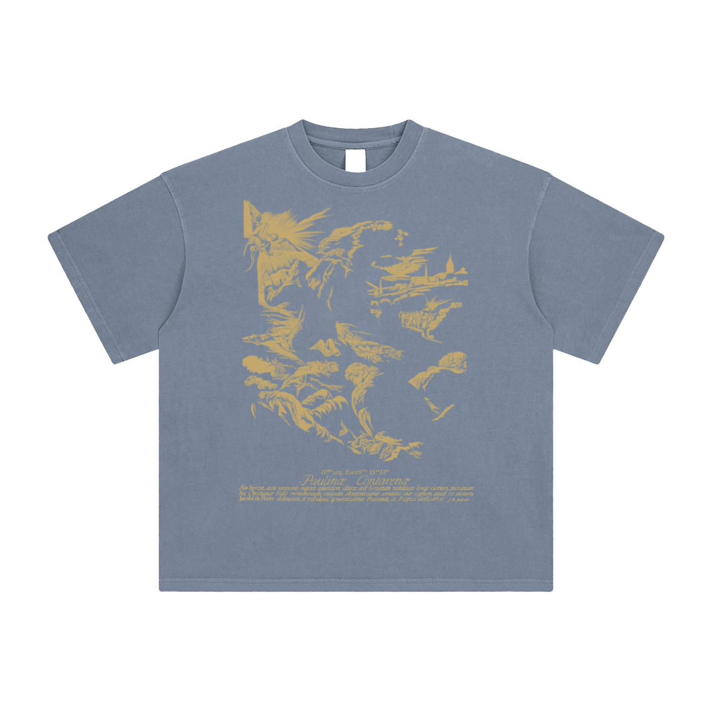 Grey blue graphic tee with old village angel scene design - unisex oversized cotton short sleeve shirt