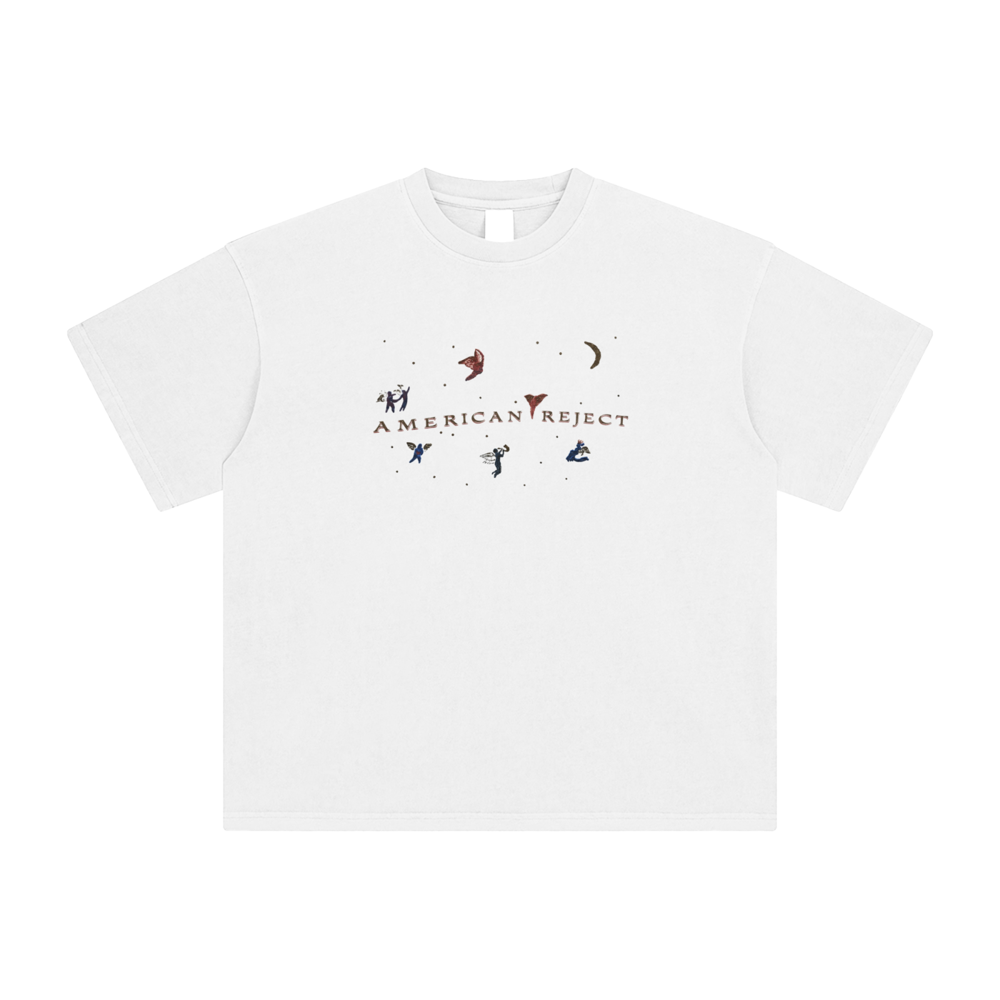 white t-shirt with butterfly and angels on blank background