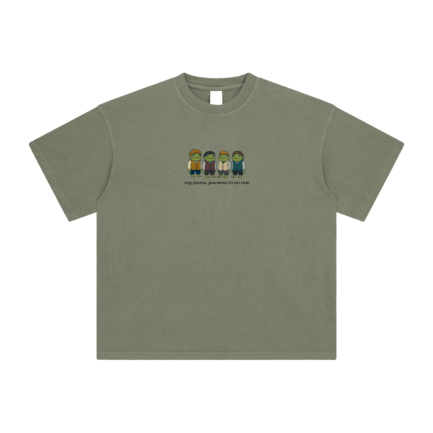 grey green t-shirt with printed design of four characters and text on a blank background