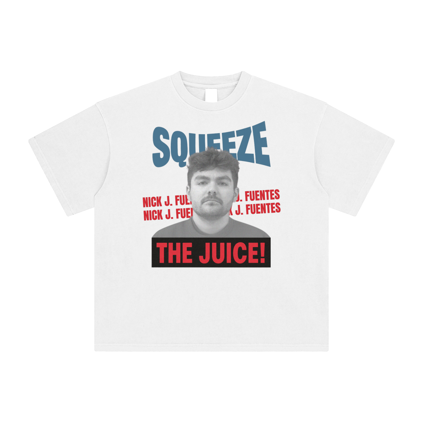 White t-shirt with text and a graphic of a person on a white background