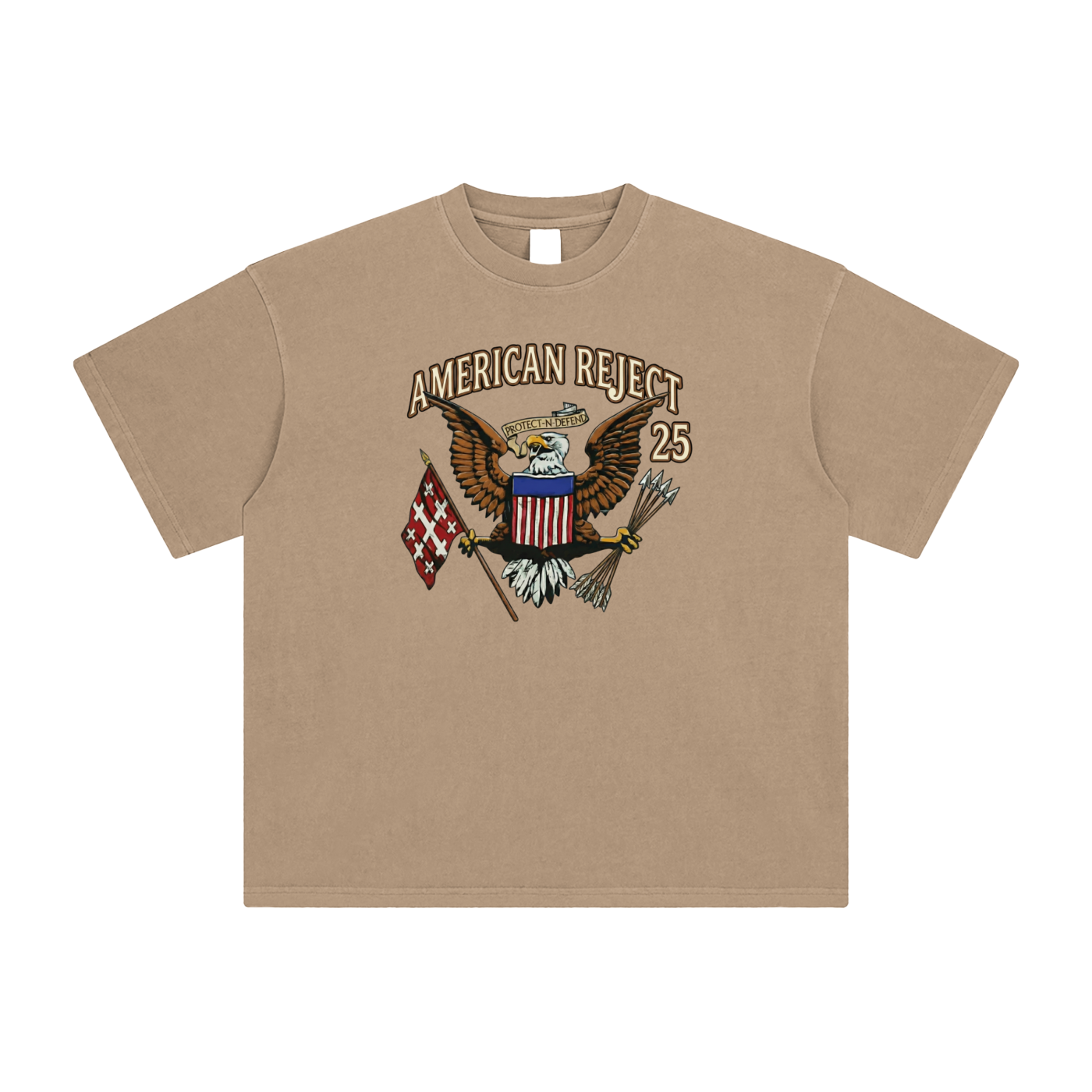 camel t-shirt with patriotic American eagle Jerusalem cross graphic - loose fit unisex cotton tee
