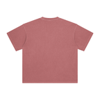 brick red t-shirt with printed design of four characters and text on a blank background