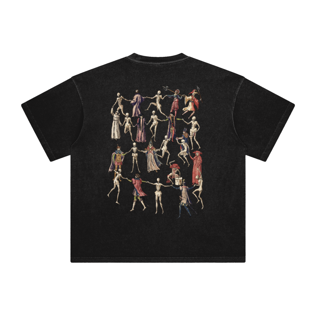 Retro Black t-shirt with a graphic design of skeletons in various poses on a blank background