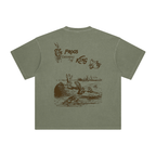 Grey green t-shirt with dancing frogs graphic - loose fit unisex cotton tee
