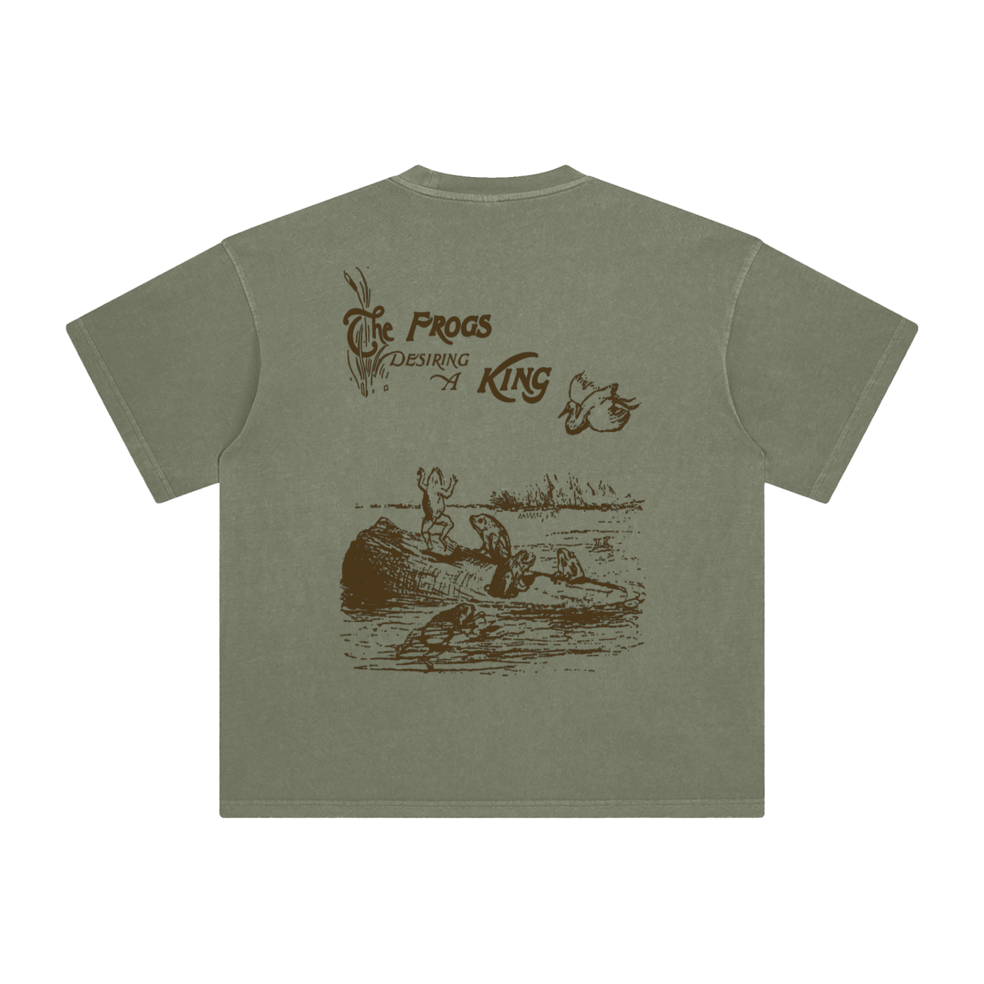 Grey green t-shirt with dancing frogs graphic - loose fit unisex cotton tee