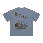 Grey blue graphic tee with dancing frogs design - unisex oversized cotton short sleeve shirt