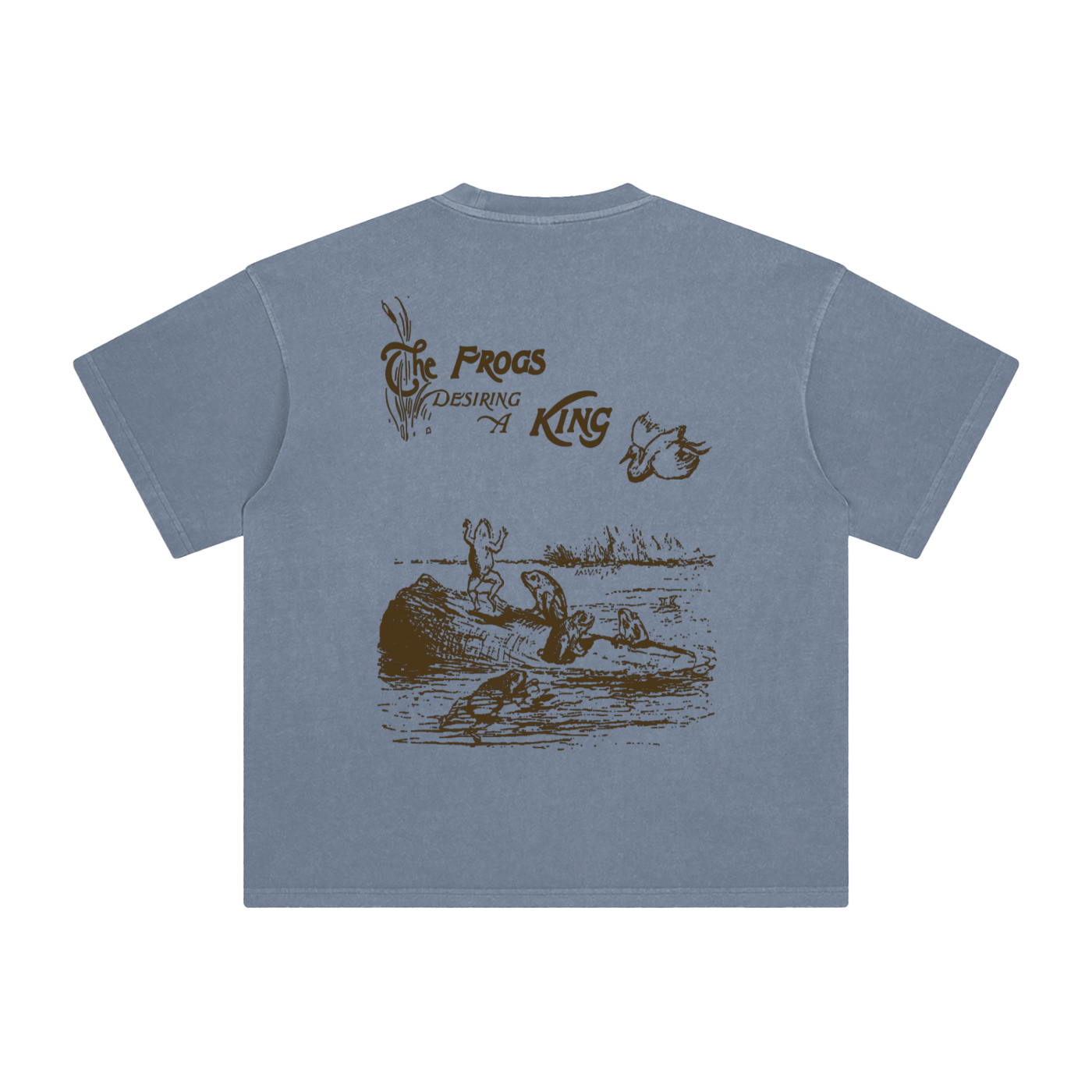 Grey blue graphic tee with dancing frogs design - unisex oversized cotton short sleeve shirt