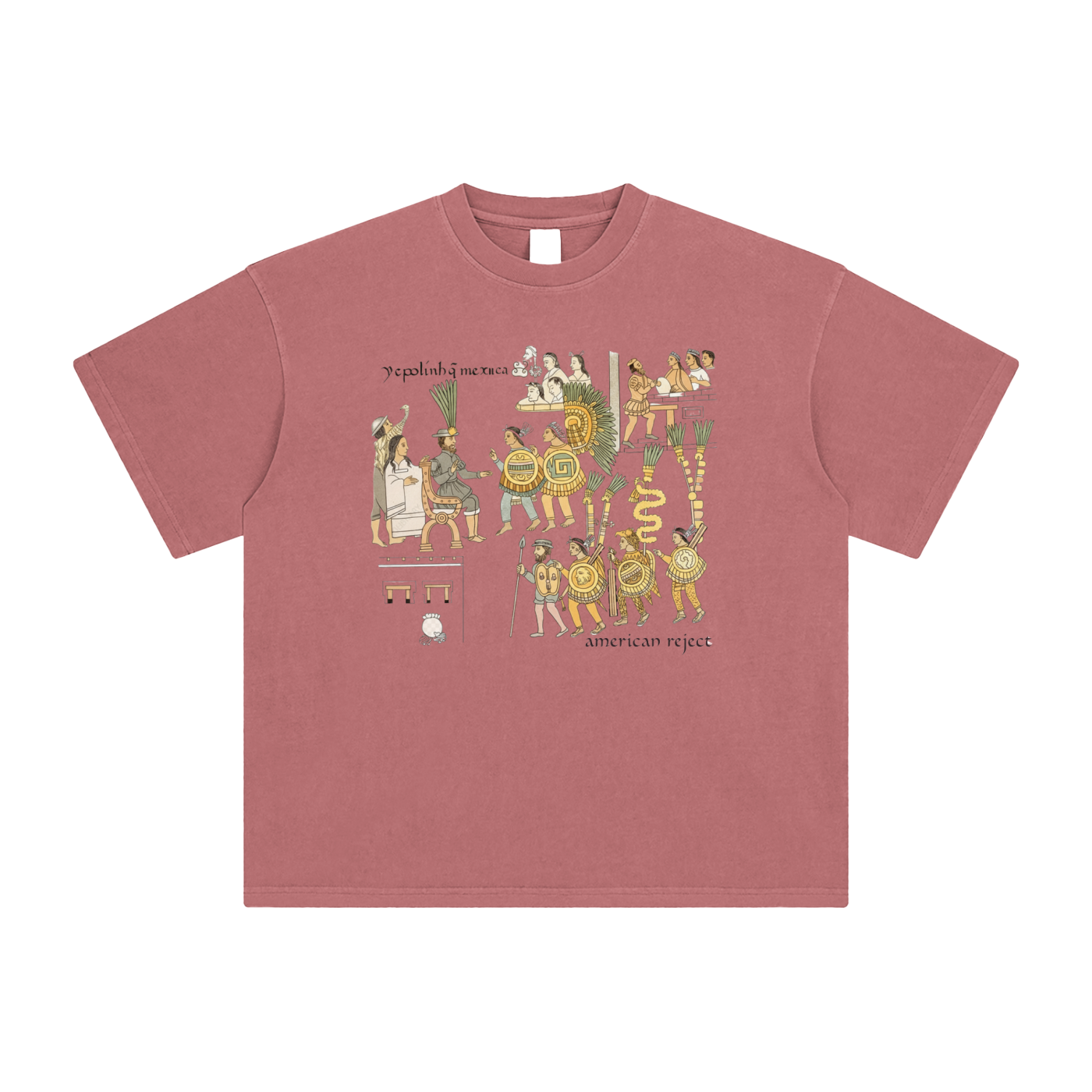 Brick Red t-shirt with colorful graphic design on a white background