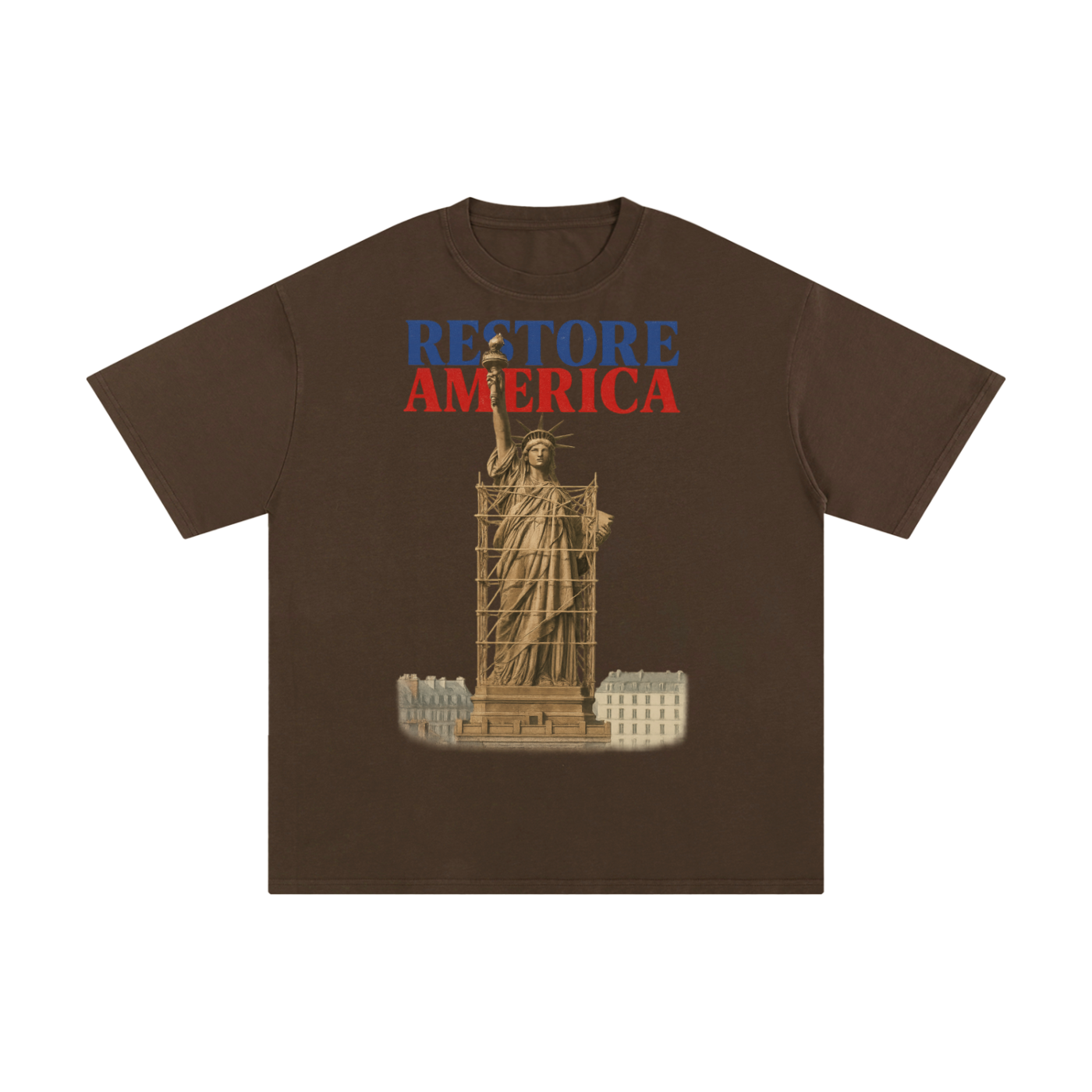 coffee t-shirt with a graphic of the Statue of Liberty and 'Restore America' text on a blank background