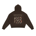 Brown hoodie with graphic design and text on a white background