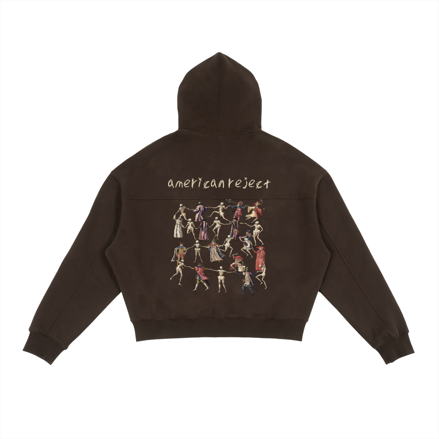 Brown hoodie with graphic design and text on a white background