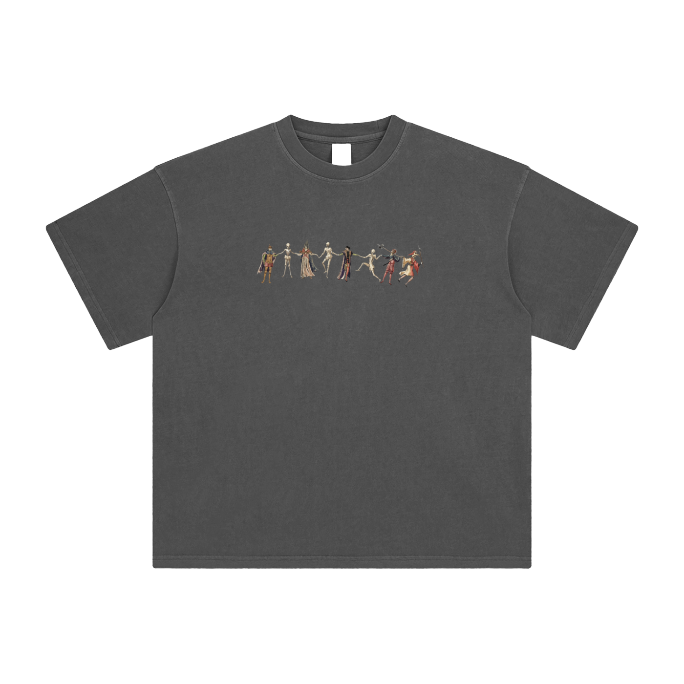 Dark Grey t-shirt with a graphic design of skeletons in various poses on a blank background