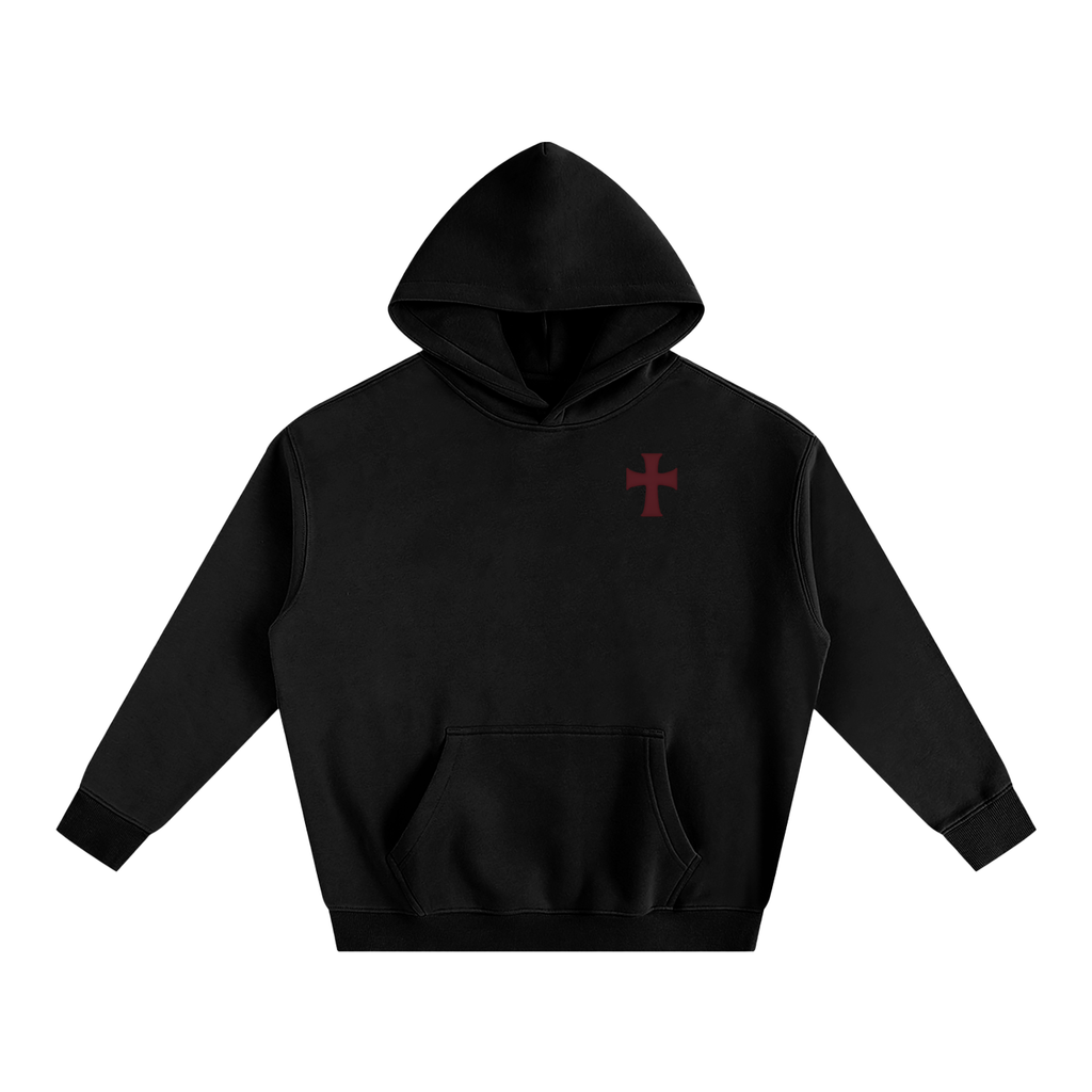 Black hoodie with a red cross emblem on a background