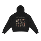 Black hoodie with graphic design and text on a white background