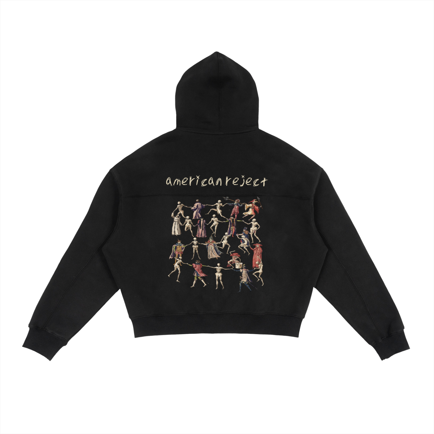 Black hoodie with graphic design and text on a white background