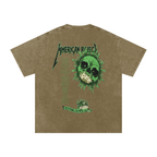 grey green vintage t-shirt with green skull design and 'American Reject' text on a blank background