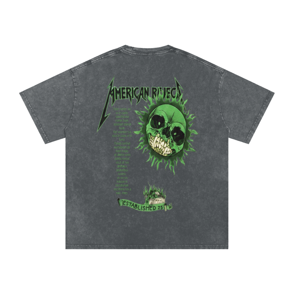 pirate grey vintage t-shirt with green skull design and 'American Reject' text on a blank background