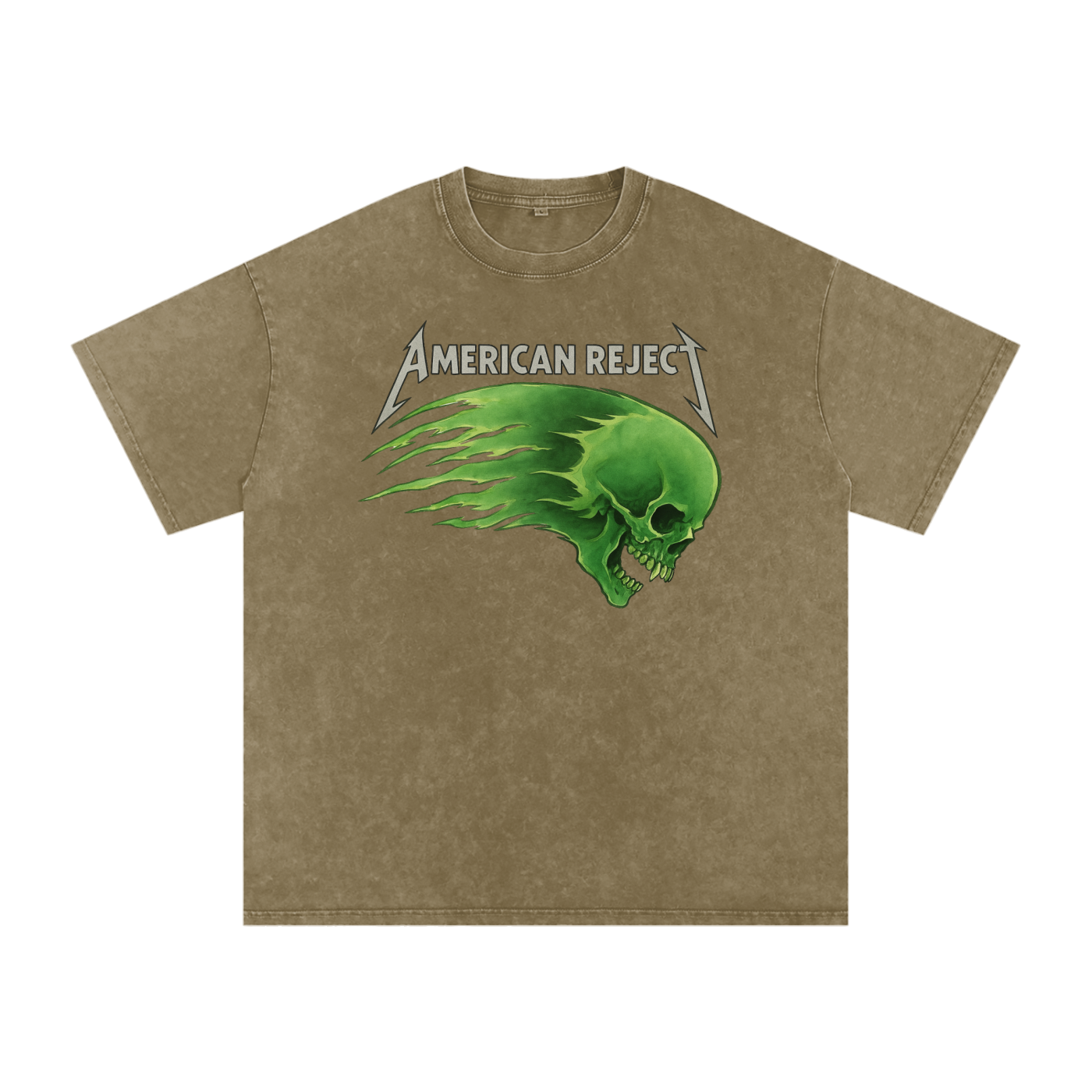 grey green vintage t-shirt with green skull design and 'American Reject' text on a blank background
