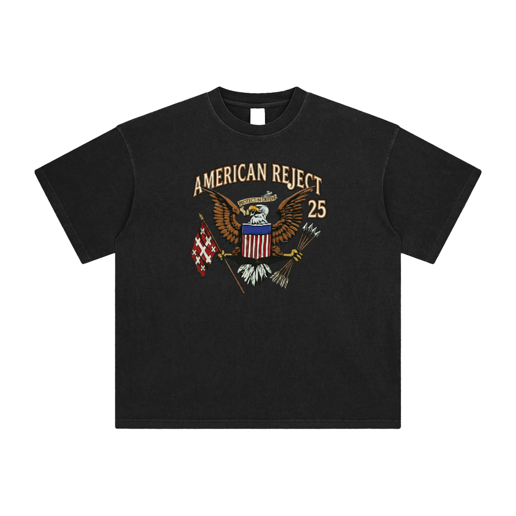 Retro black graphic t-shirt with American eagle holding Jerusalem cross and arrows - unisex oversized cotton tee