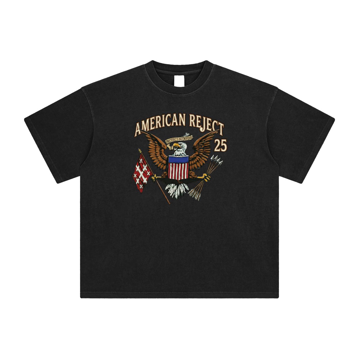 Retro black graphic t-shirt with American eagle holding Jerusalem cross and arrows - unisex oversized cotton tee