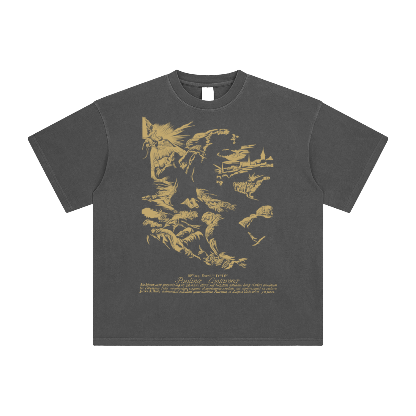 Dark grey unisex cotton t-shirt featuring old village angel helping men graphic - oversized loose fit tee