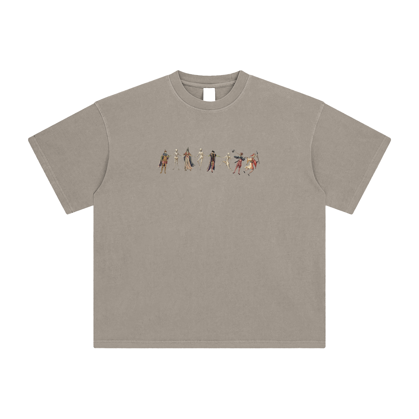 Kahki t-shirt with a graphic design of skeletons in various poses on a blank background