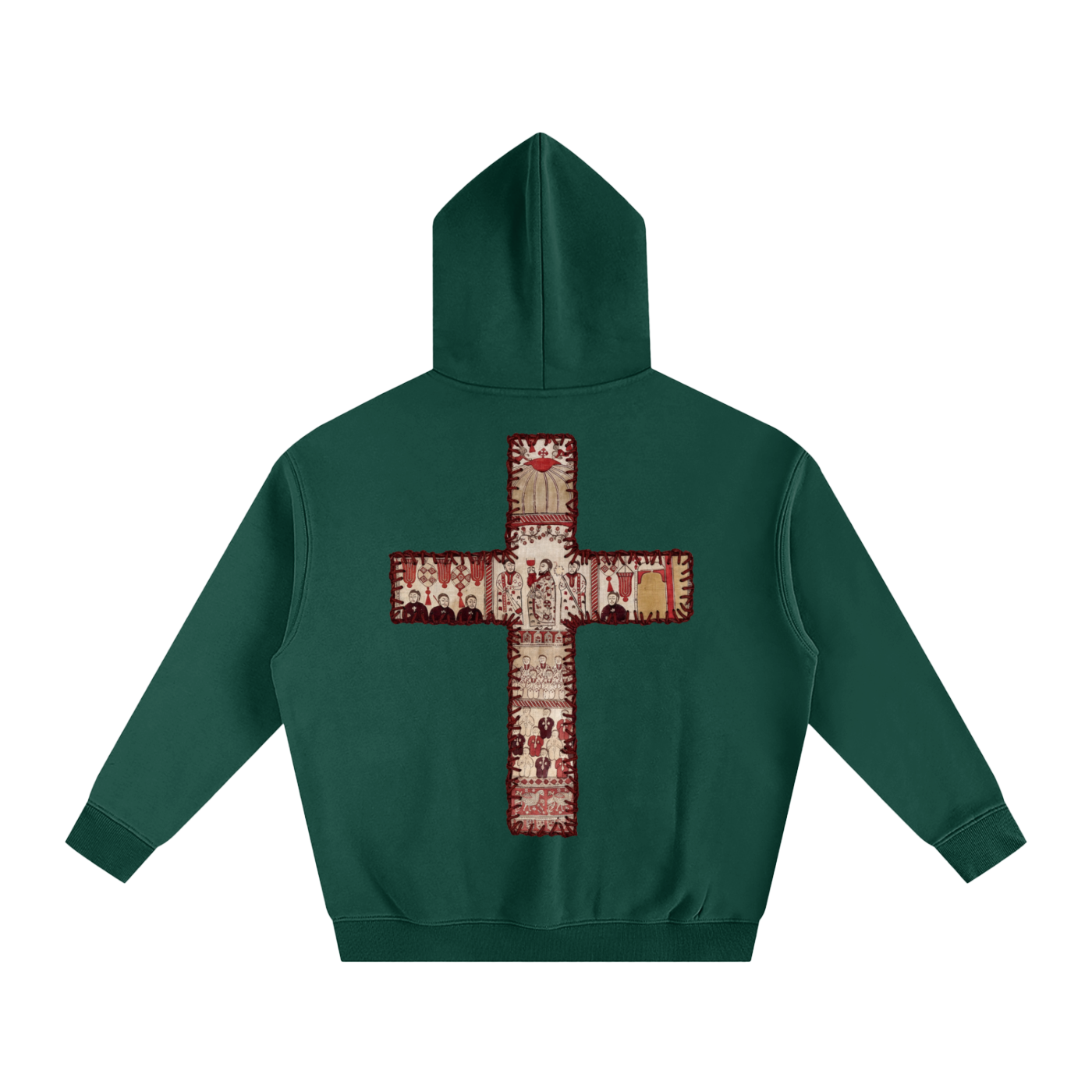Eden Green hoodie with a red cross on a background