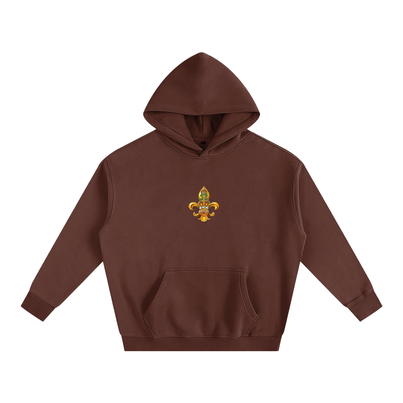 Coffee brown oversized hoodie featuring Fleur de Frog graphic - heavyweight cotton-polyester blend pullover