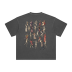 Dark Grey t-shirt with a graphic design of skeletons in various poses on a blank background