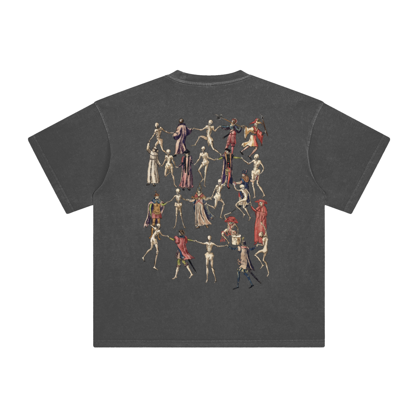 Dark Grey t-shirt with a graphic design of skeletons in various poses on a blank background