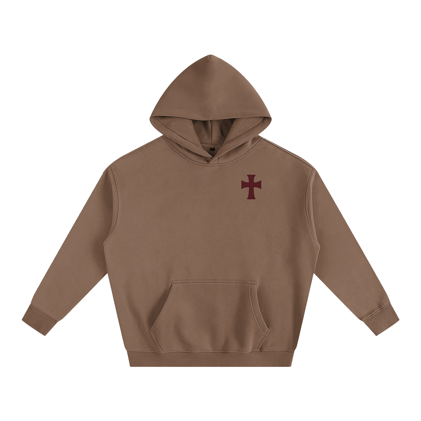 Brown hoodie with a red cross emblem on a background