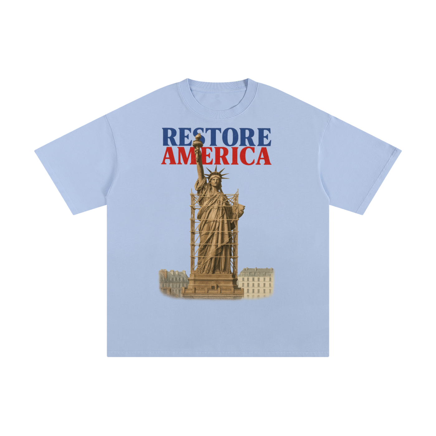 sky blue t-shirt with a graphic of the Statue of Liberty and 'Restore America' text on a blank background
