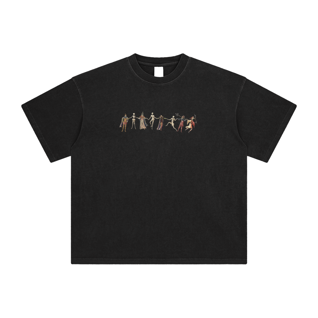 Retro Black t-shirt with a graphic design of skeletons in various poses on a blank background